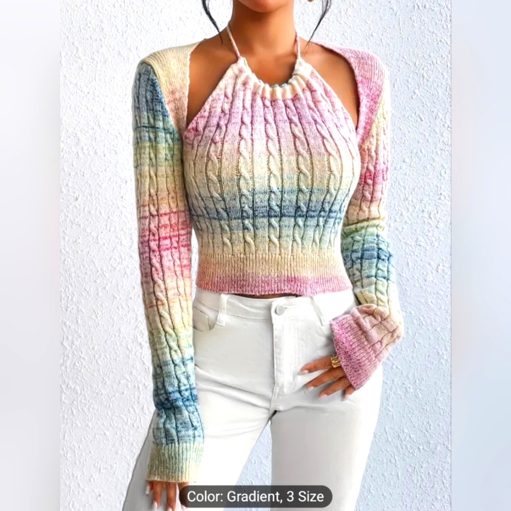 Vibrant Gradient Cable Knit Sweater: Soft, Cut-out, Long Sleeved, Size M (6)
